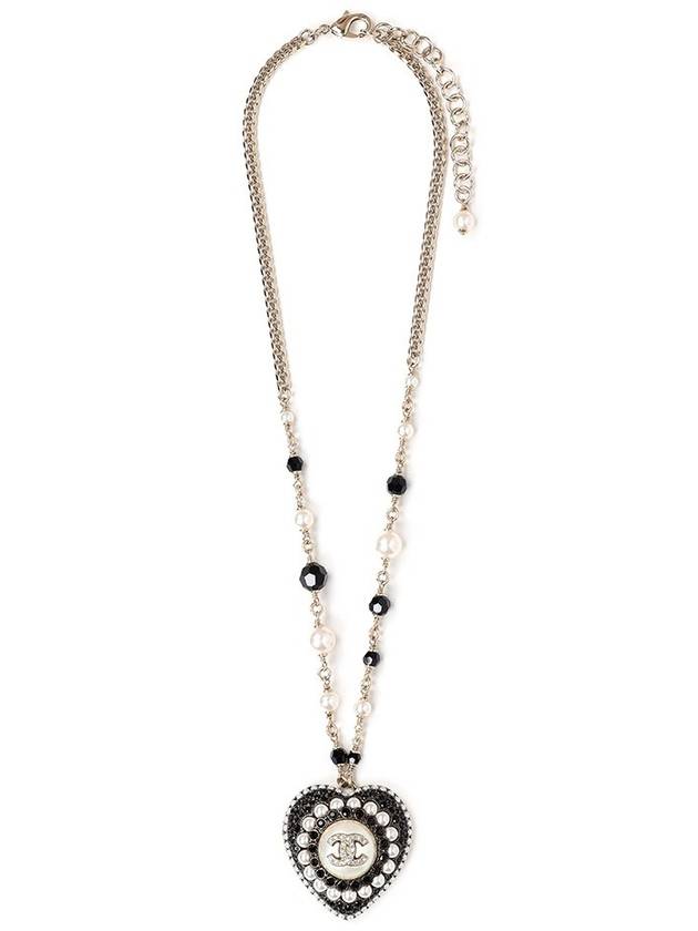 CC Heart Pearl Crystal Necklace Black Gold Chanel