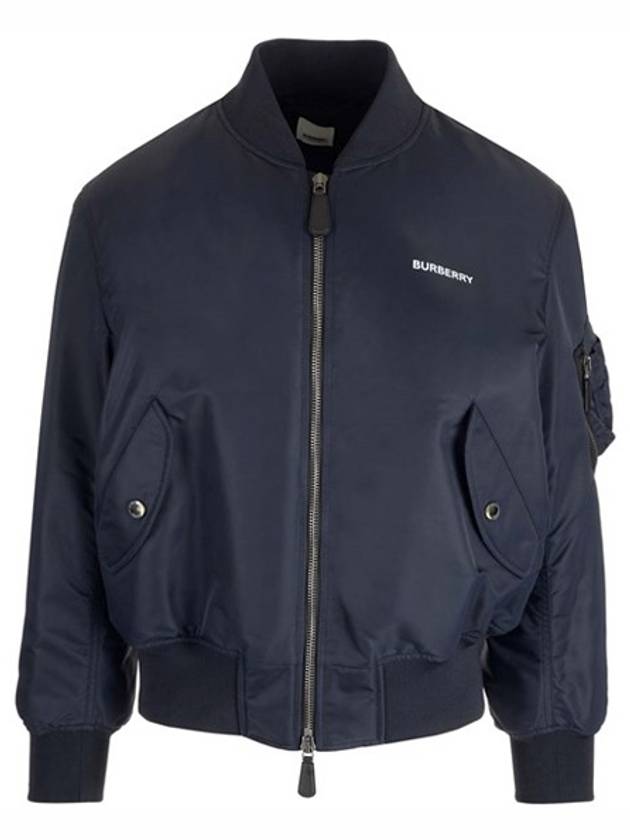 Burberry Men's Logo Print Nylon Bomber Jacket Smoke Navy