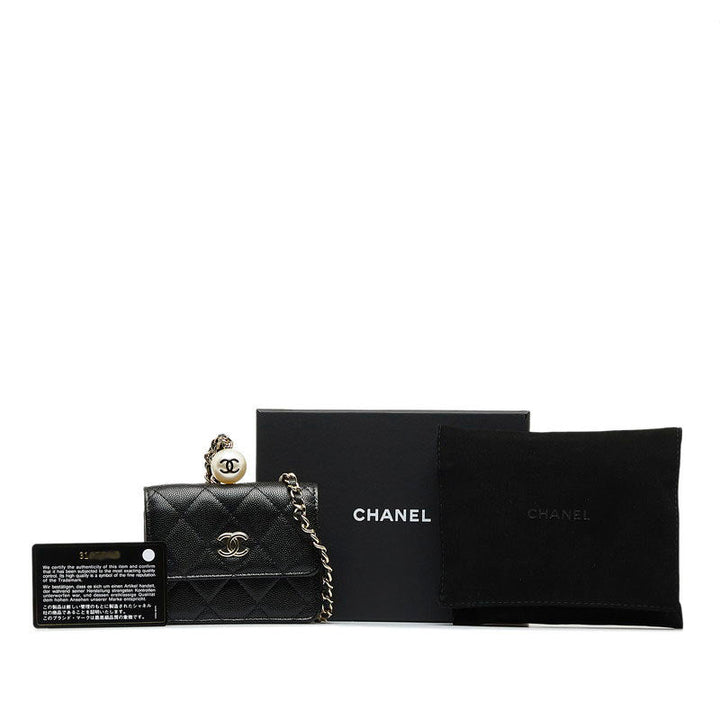 Top Quality Chanel Matrases Cocomark Fake Pearl Chain CoinPars Card Case Black Caviar   CHANEL