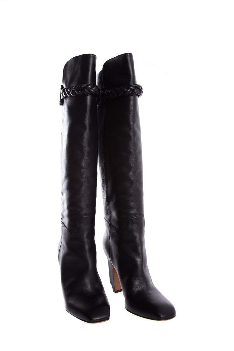Valentino Black Braided Leather Knee-High Boots SZ 38.5