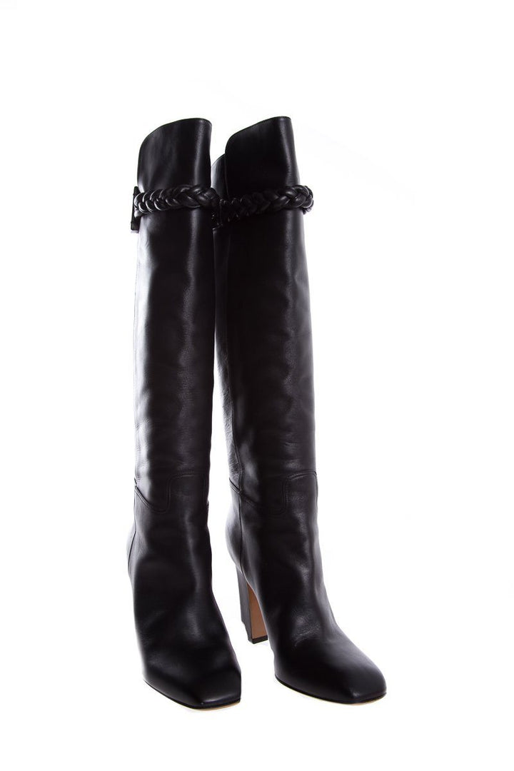 Valentino Black Braided Leather Knee-High Boots SZ 38.5