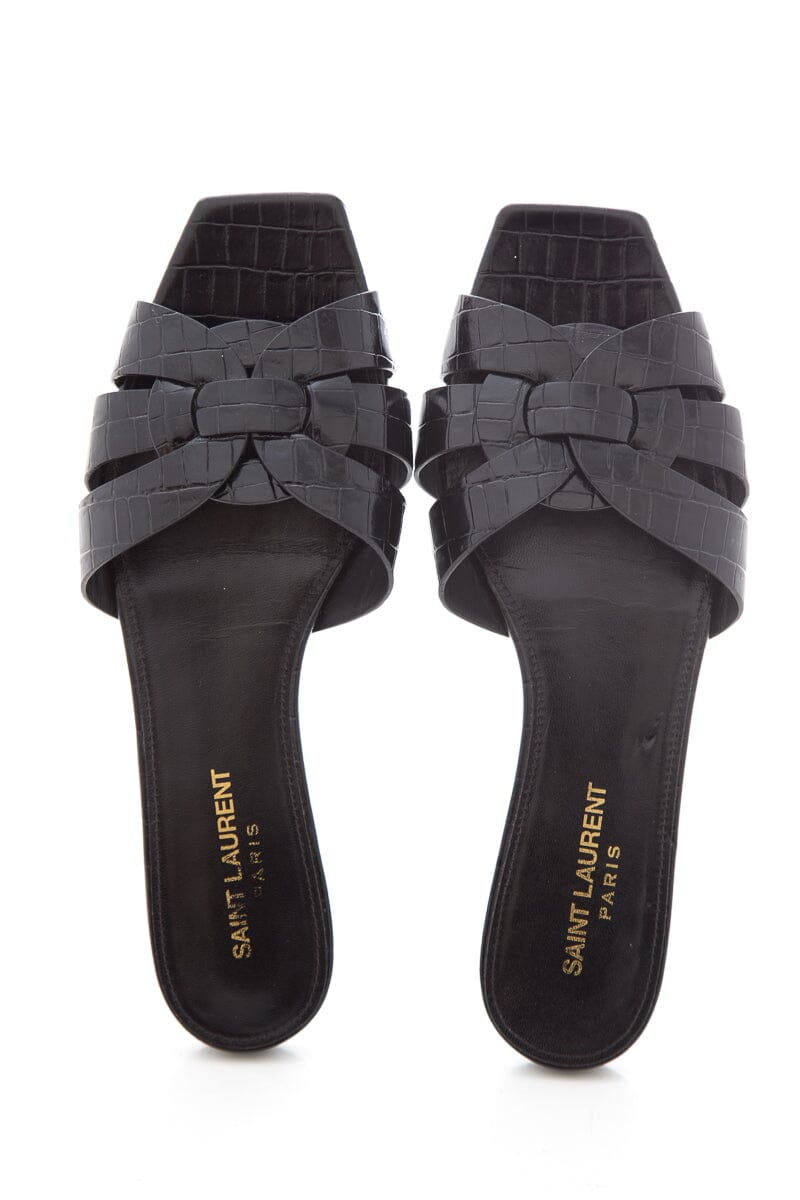 Saint Laurent Black Tribute Croc Embossed Sandals SZ 37.5