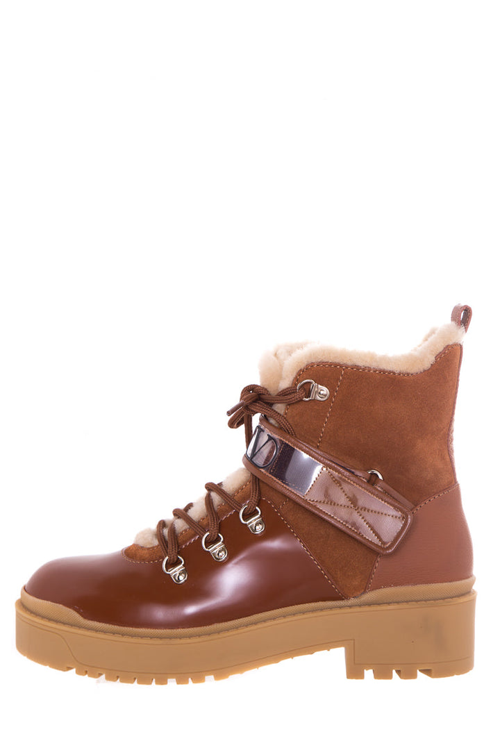 Valentino Chestnut Shearling Detail Logo Strap Boots SZ 38