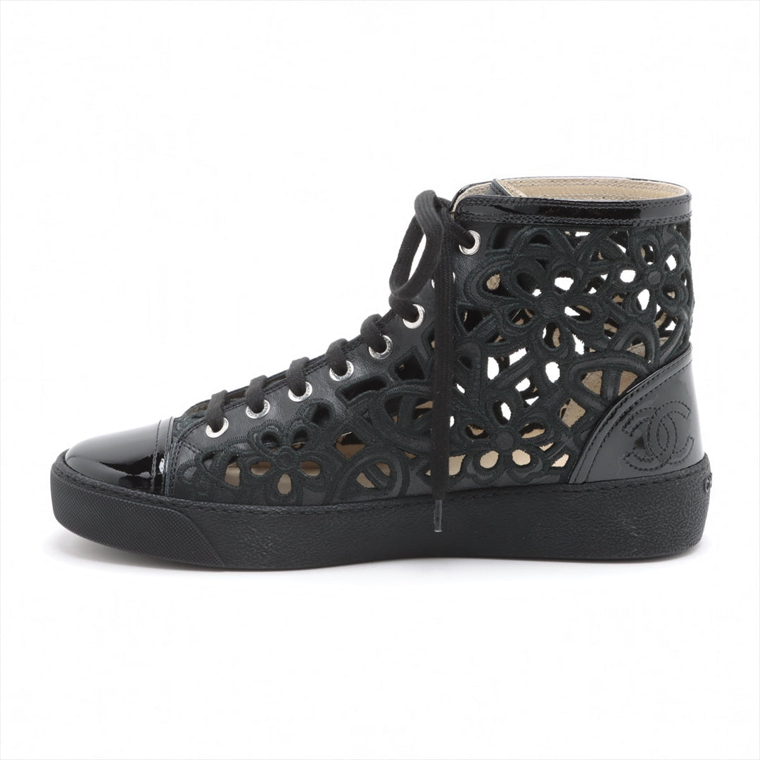 Top Quality Chanel Coco Leather X Fabric High-Cut Trainers 38  Black Flower Race