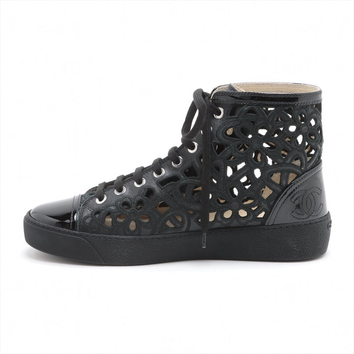 Top Quality Chanel Coco Leather X Fabric High-Cut Trainers 38  Black Flower Race