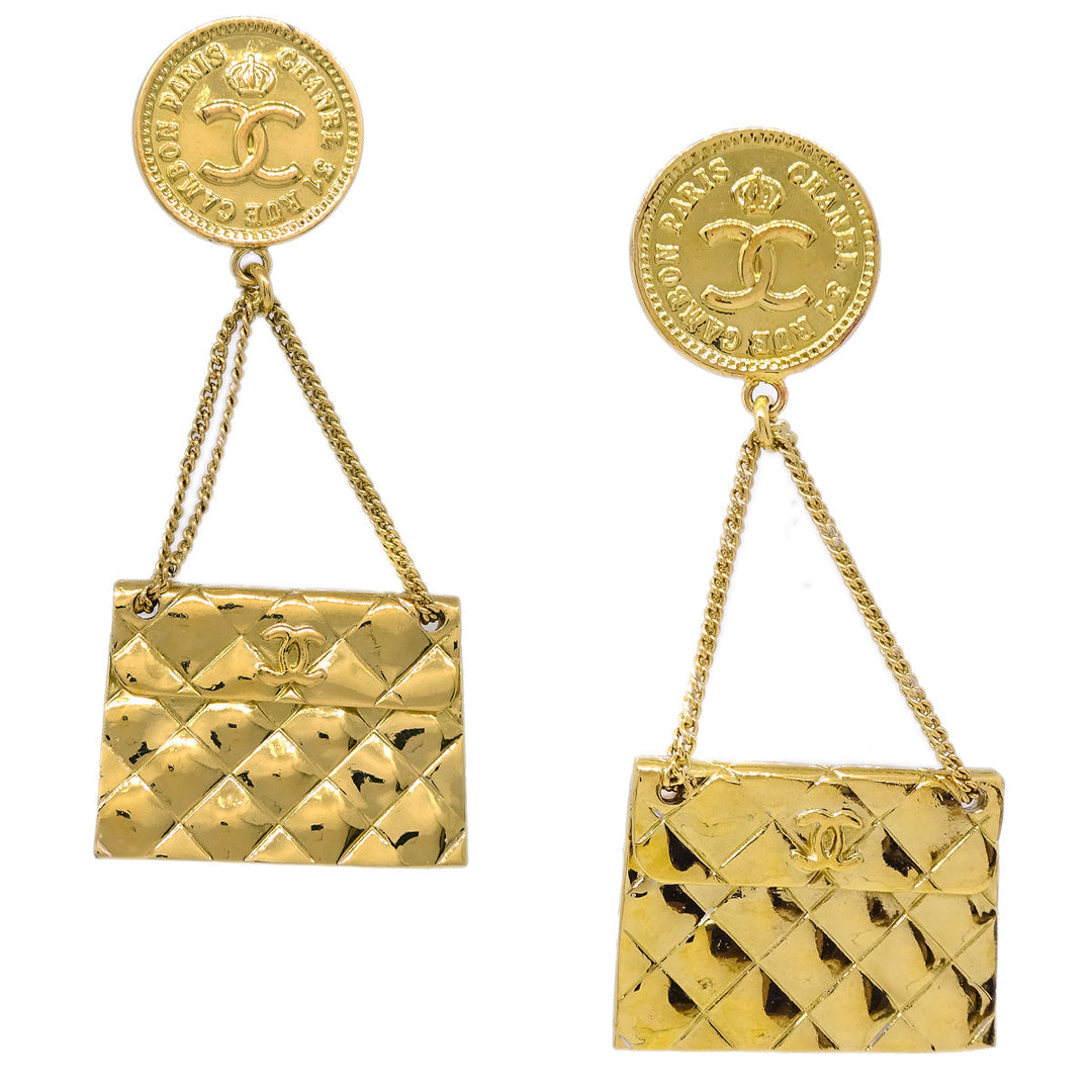 Top Quality Chanel 1994 Bag Dangle Earrings Clip-On Gold