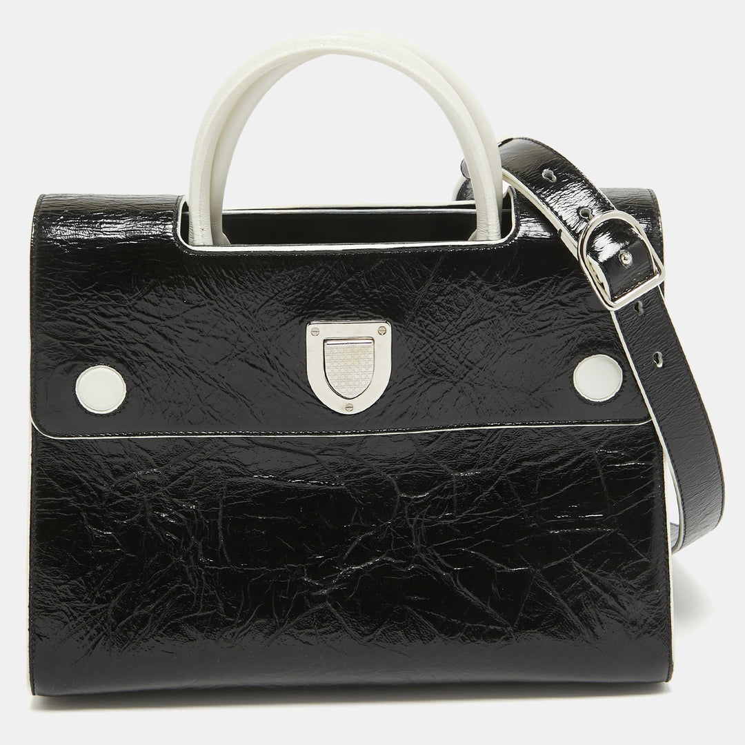 Top quality Dior Black/White Crinkled Patent Leather Medium Top quality Diorever Top Handle Bag