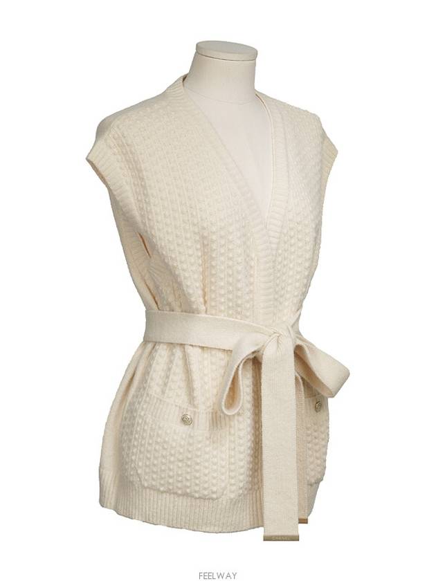 Cashmere sleeveless belted cardigan ivory 36 74344 Chanel