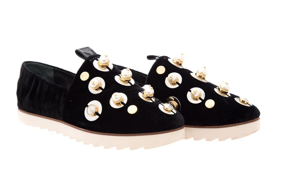 Mercedes Castillo Black Velvet & Pearl Detail Slip On Sneakers SZ 39