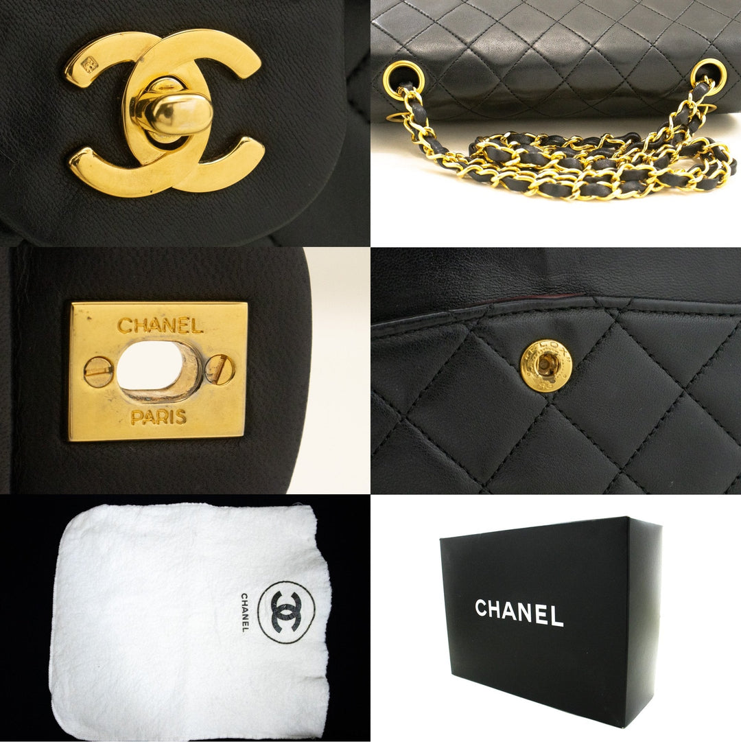 Chanel Classic Double New 9" Chain Shoulder Bag Black Lambskin