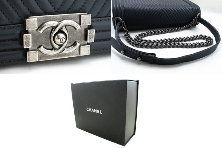 Chanel Boy Dark Gray V-Stitch Chain Shoulder Bag Quilted New
