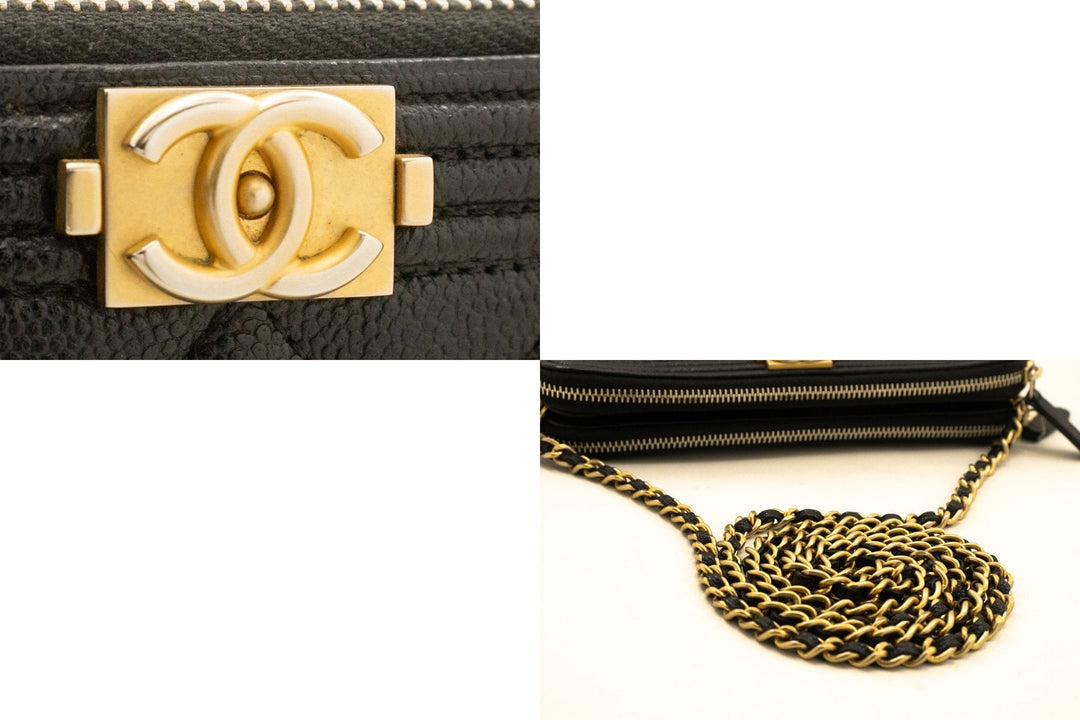 Chanel Boy Black Caviar Wallet On Chain WOC Double Zip Shoulder