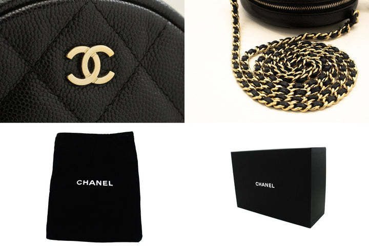 Chanel Round Zip Caviar Small Chain Shoulder Bag Black Quilted