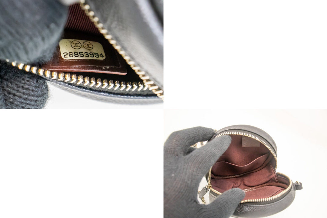Chanel Round Zip Caviar Small Chain Shoulder Bag Black Quilted