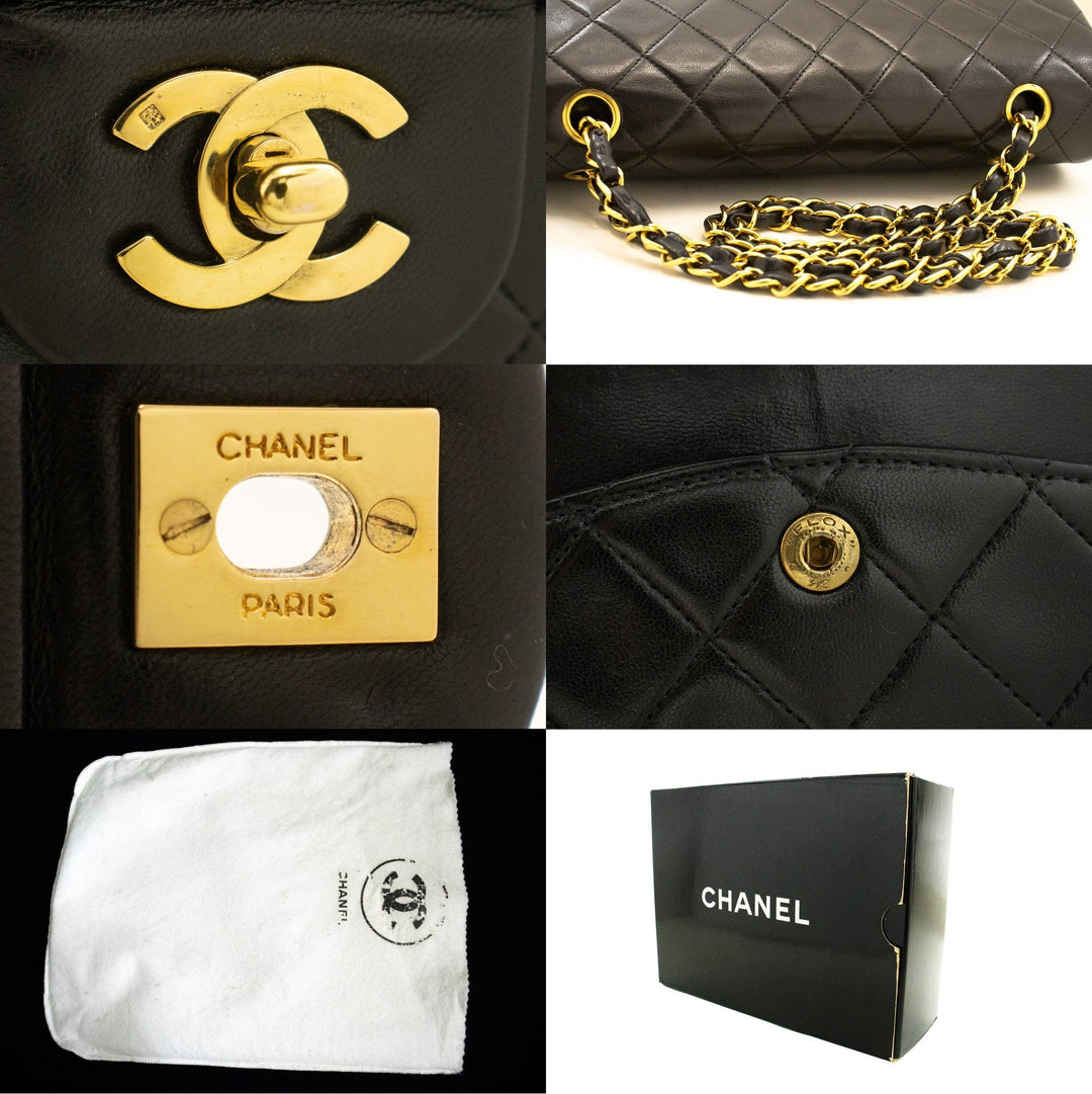 Chanel Classic Double New 10" Chain Shoulder Bag Black Lambskin