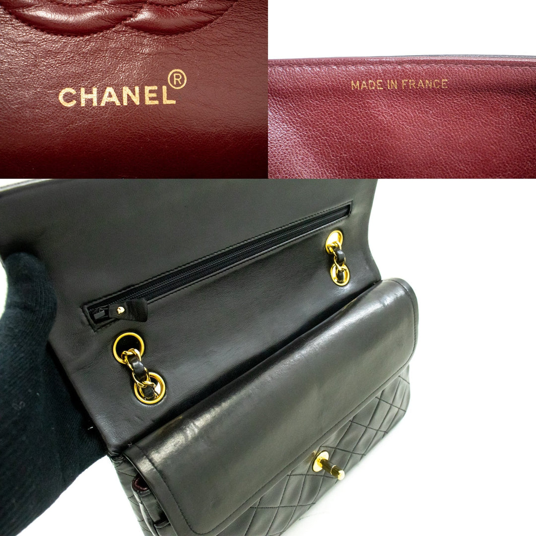 Chanel Classic Double New 10" Chain Shoulder Bag Black Lambskin
