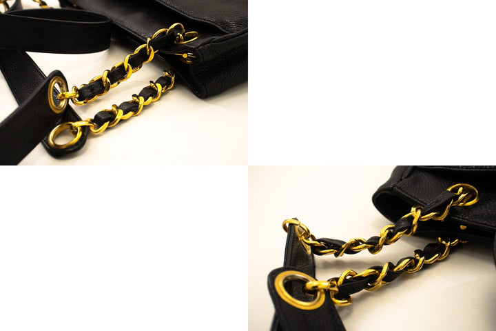 Chanel Caviar Triple Coco Chain Shoulder Bag Black Leather Gold