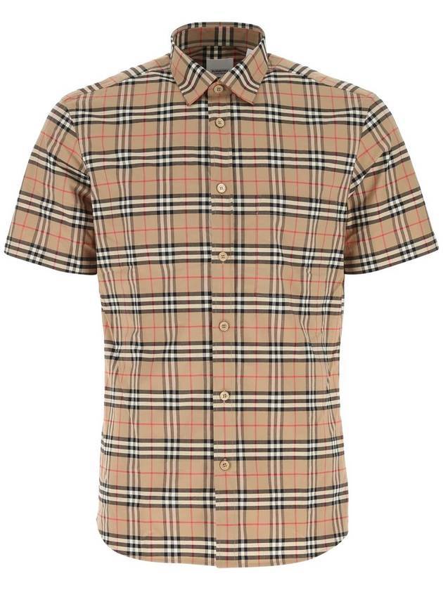 Burberry Small Scale Check Stretch Short Sleeve Shirt Archive Beige