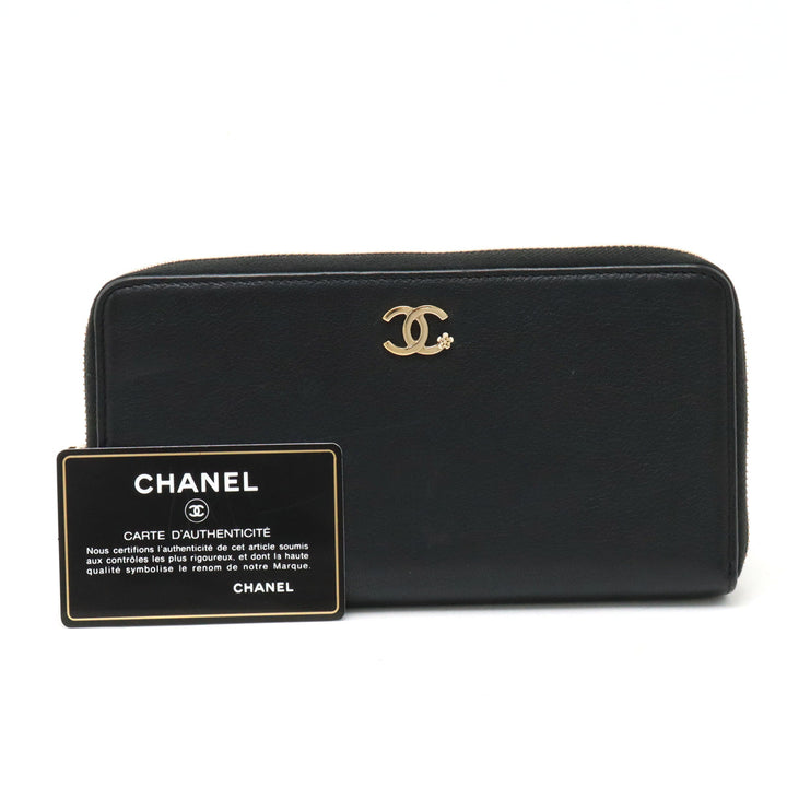 Top Quality Chanel Lucky Flower Coco Mark Roundfather Long Wallet Leather Black Black Gold  A81657