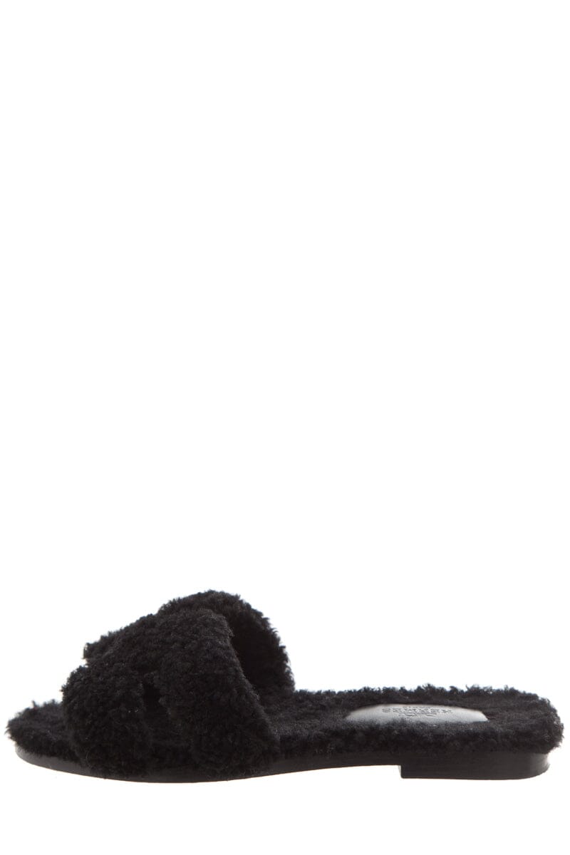 Hermès "Oran" Black Shearling Slides SZ 35