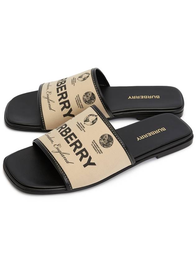 Burberry Label Print Gabardine Leather Slippers Beige