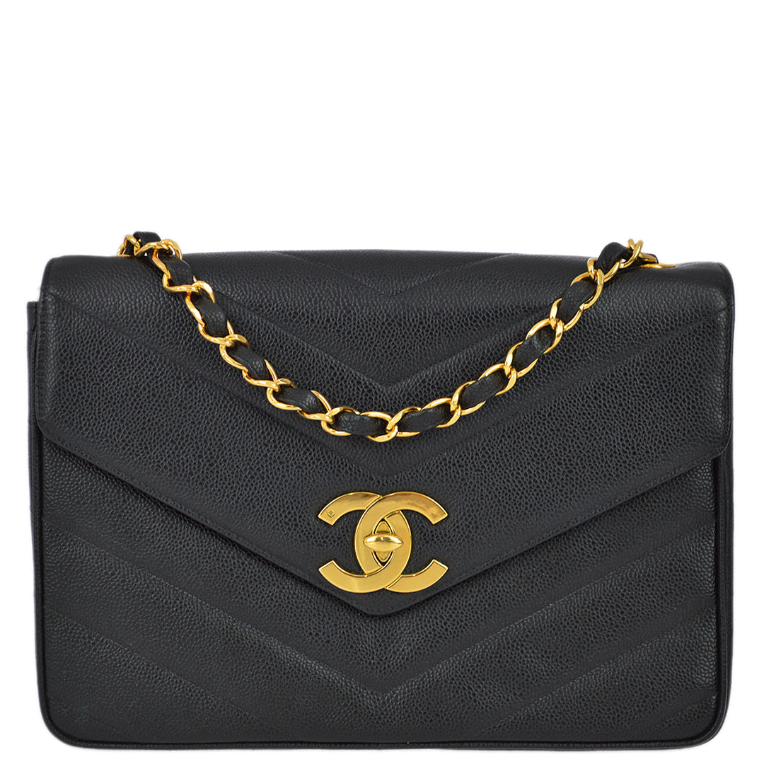 Top Quality Chanel 1994-1996 Black Caviar Jumbo Chevron Letter Flap Bag