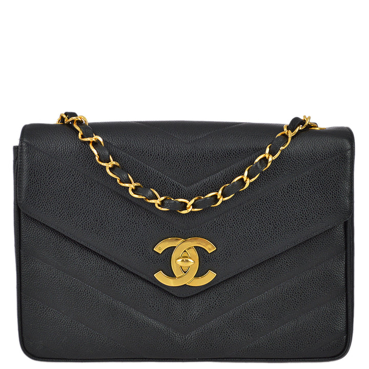 Top Quality Chanel 1994-1996 Black Caviar Jumbo Chevron Letter Flap Bag