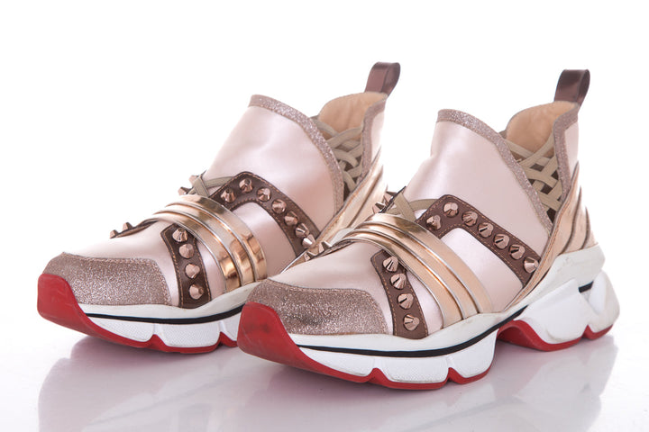 Christian Louboutin Rose Gold Glitter/ Studded Cortis Sneakers SZ 37.5