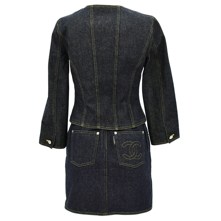 Top Quality Chanel Spring 1996 Setup Suit Collarless Jacket Skirt Denim Indigo #38