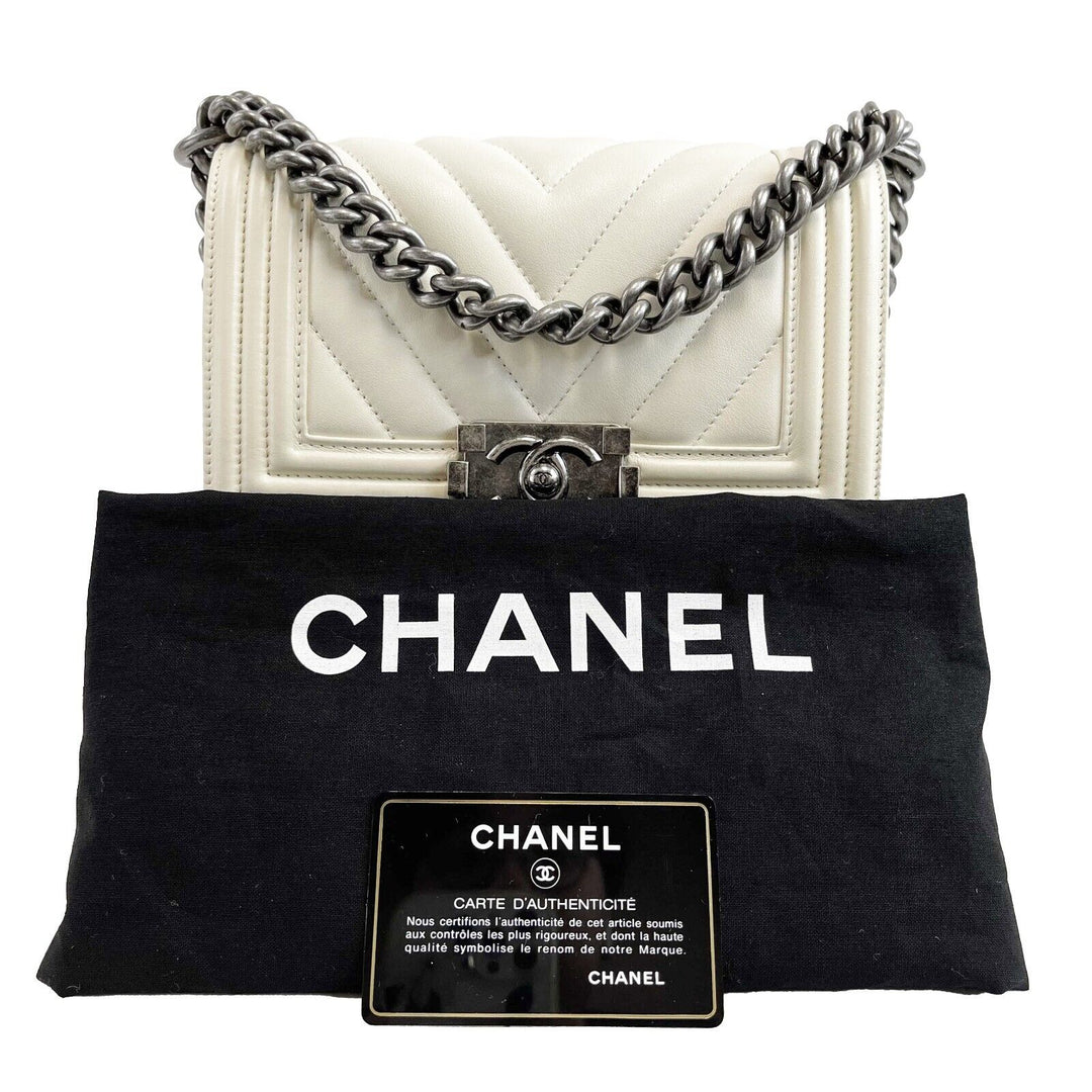 Chanel Boy New Chevron Quilted White Shoulder Bag Mini