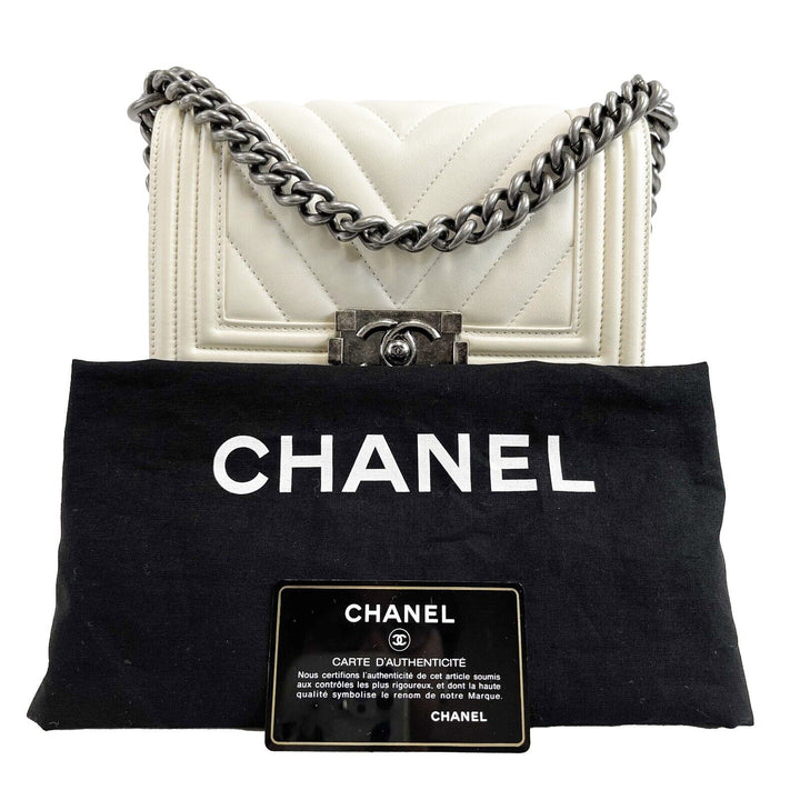 Chanel Boy New Chevron Quilted White Shoulder Bag Mini