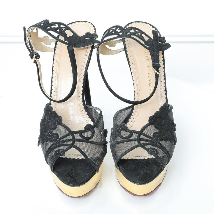 Charlotte Olympia Black- Gold Sling back Heels 38