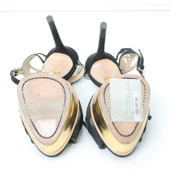 Charlotte Olympia Black- Gold Sling back Heels 38