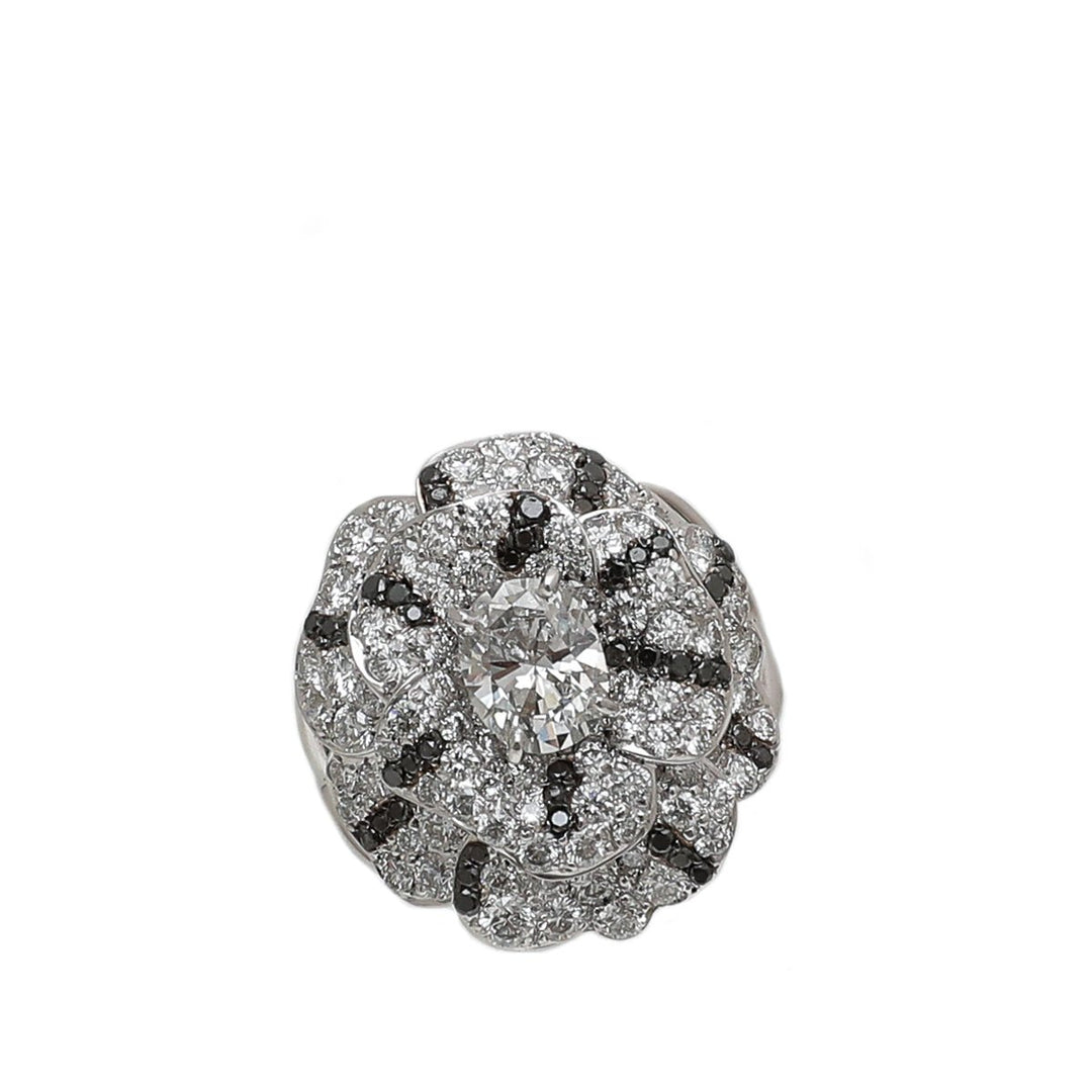 Chanel 18K White Gold Camellia Oval Solitaire W- White & Black Diamond Ring 51