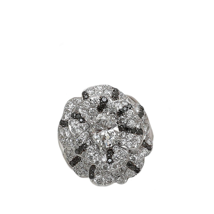 Chanel 18K White Gold Camellia Oval Solitaire W- White & Black Diamond Ring 51