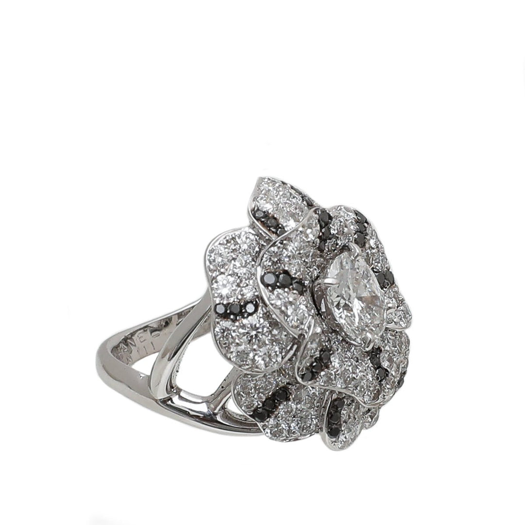 Chanel 18K White Gold Camellia Oval Solitaire W- White & Black Diamond Ring 51