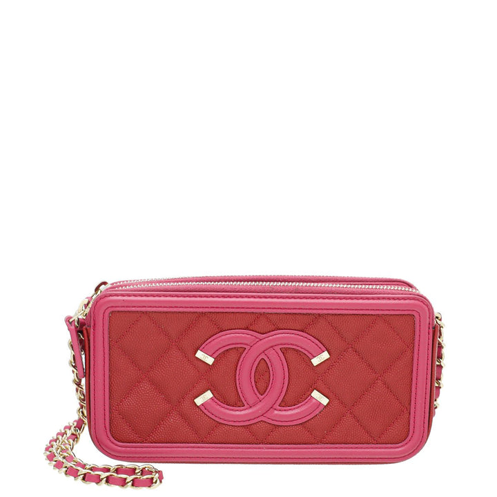 Chanel Bicolor CC Filigree Caviar Double Zip Clutch Chain