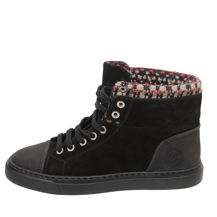 Chanel Black Suede Tweed High Top Sneakers 36.5