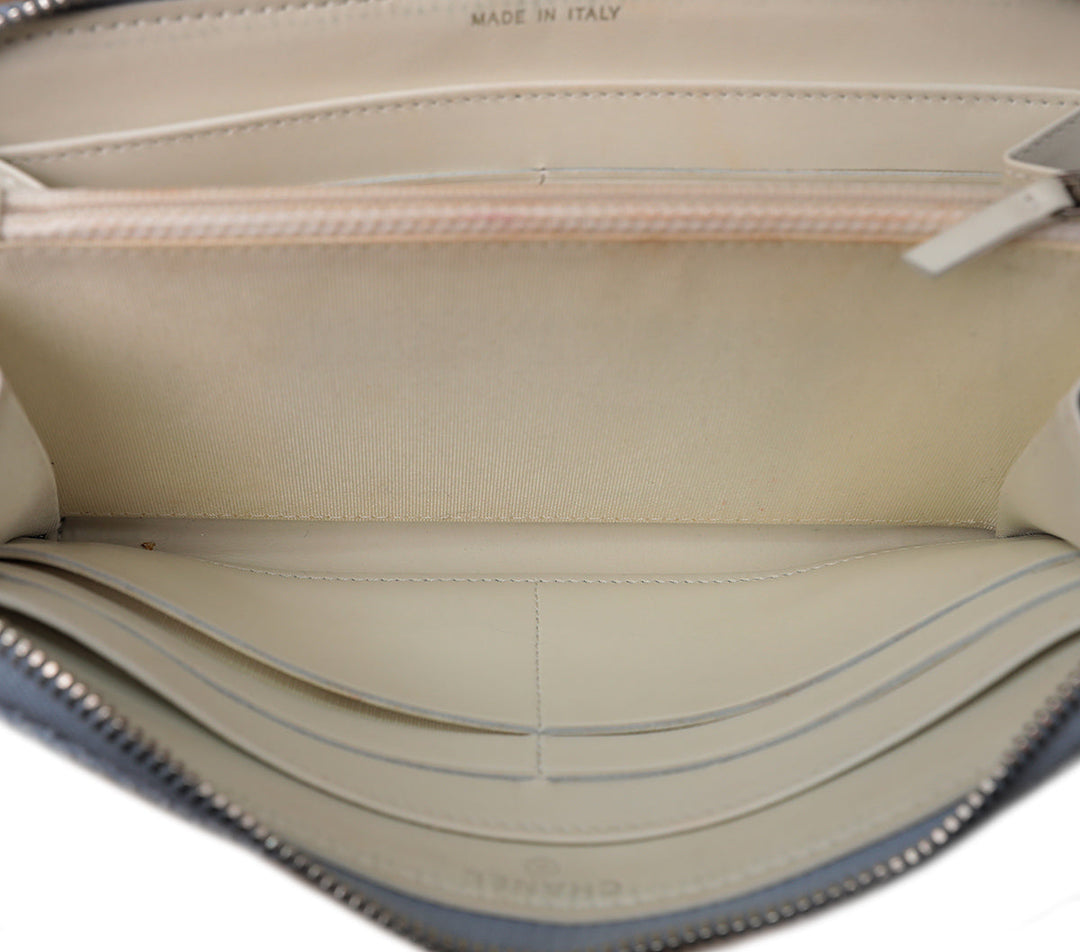 Chanel Light Blue Tweed Deauville Zip Around Wallet