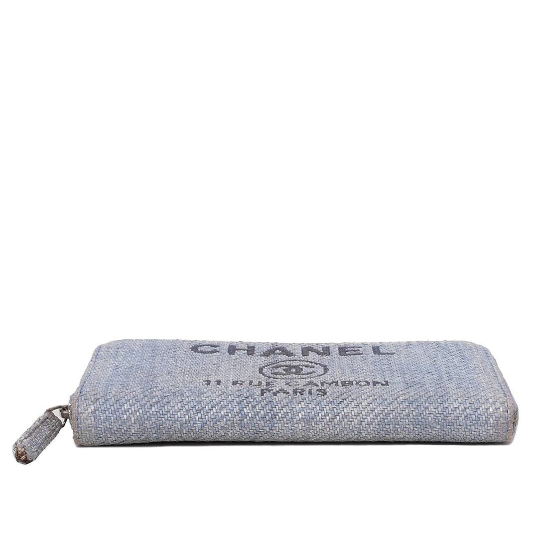 Chanel Light Blue Tweed Deauville Zip Around Wallet