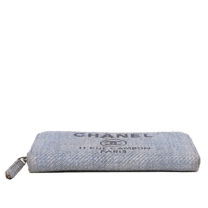 Chanel Light Blue Tweed Deauville Zip Around Wallet