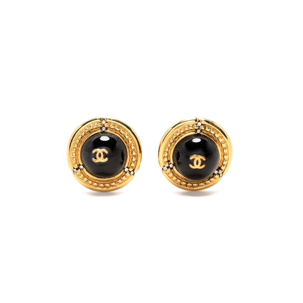 Chanel Black Cabochon Logo Clip-on Earrings