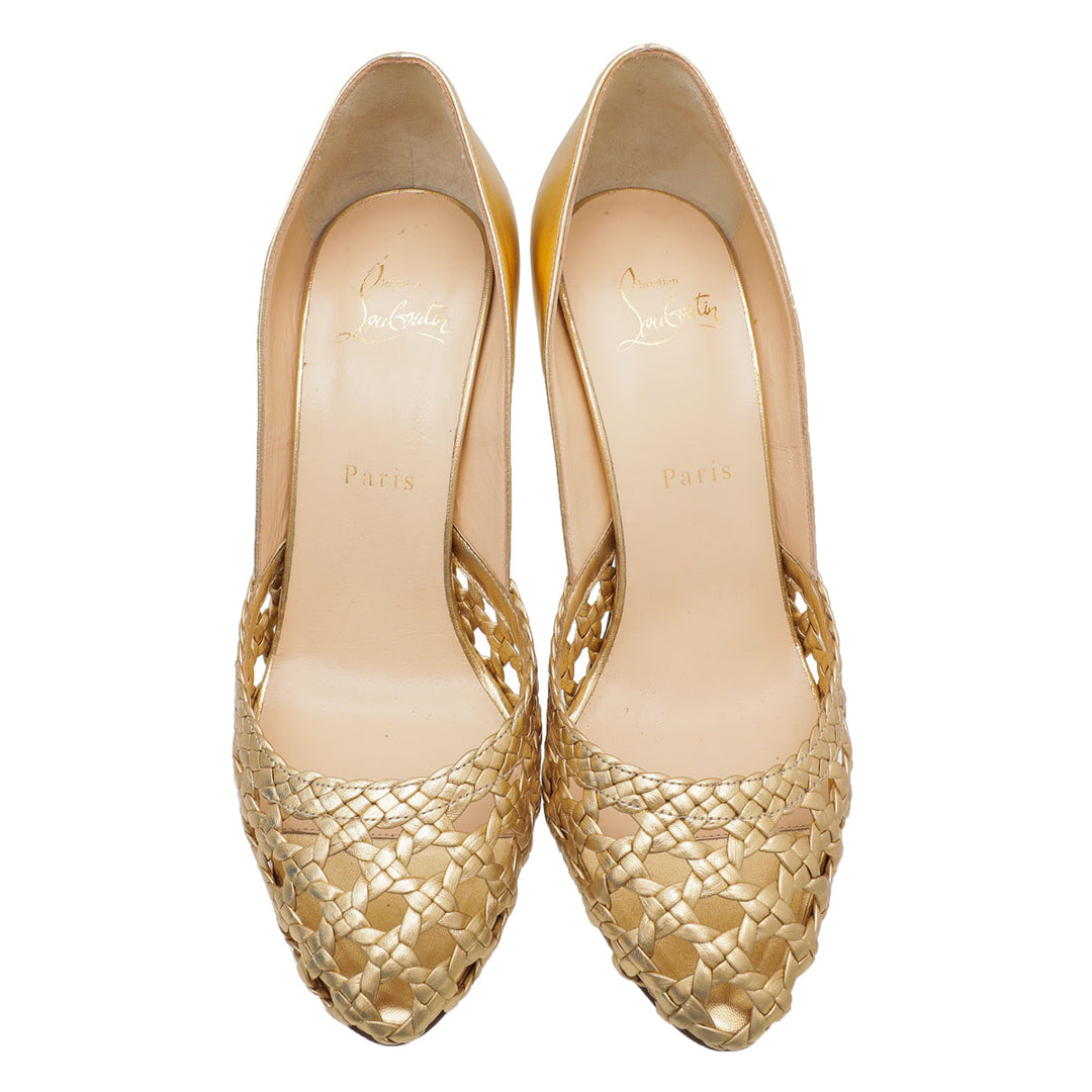 Christian Louboutin Metallic Gold Braided 105 Pumps 38.5