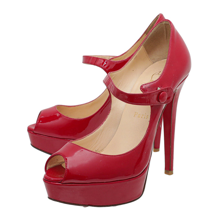 Christian Louboutin Red Peep Toe Zeppa Mary Jane Pumps 36.5
