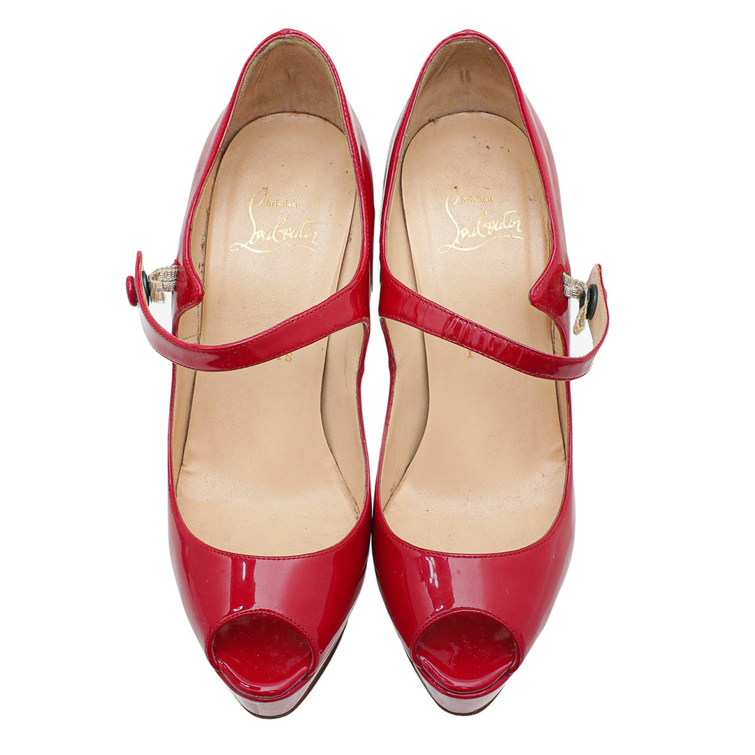 Christian Louboutin Red Peep Toe Zeppa Mary Jane Pumps 36.5