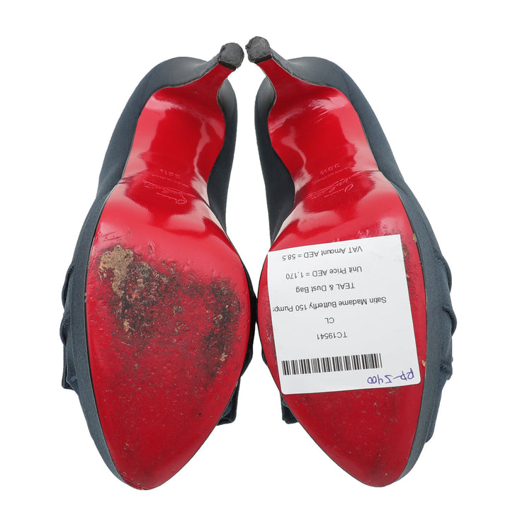 Christian Louboutin Teal Satin Madame Butterfly 150 Pumps 38.5