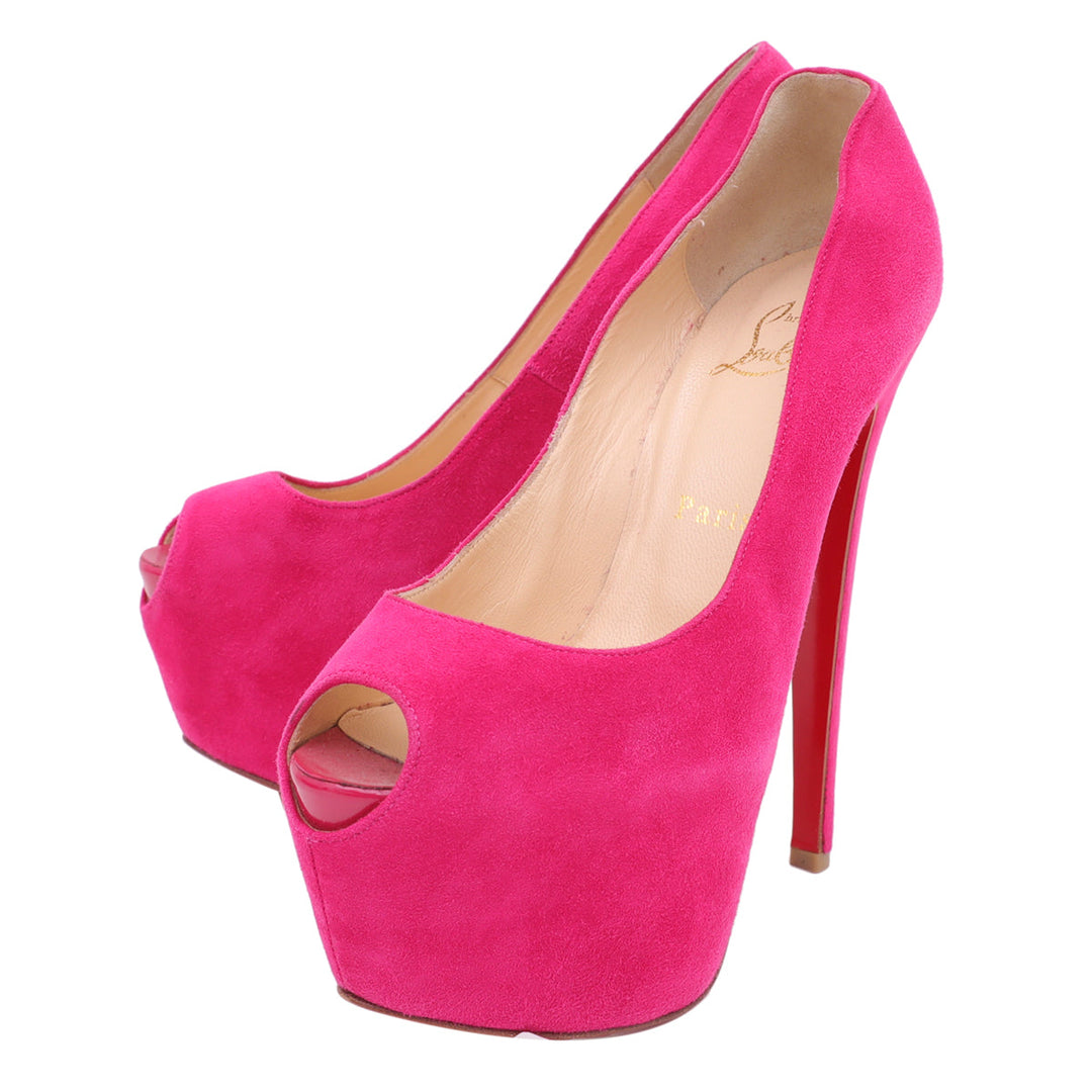 Christian Louboutin Fuchsia Suede Highness 150 Peep Toe Platform Pumps 37.5