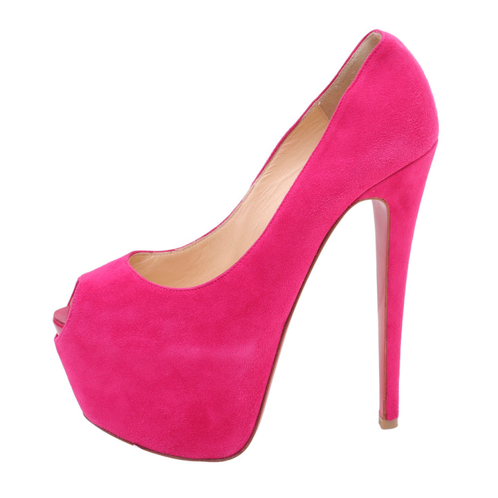 Christian Louboutin Fuchsia Suede Highness 150 Peep Toe Platform Pumps 37.5