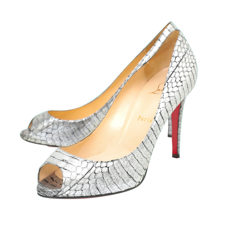 Christian Louboutin Metallic Silver Python Very Prive Peep Toe Pumps 38.5