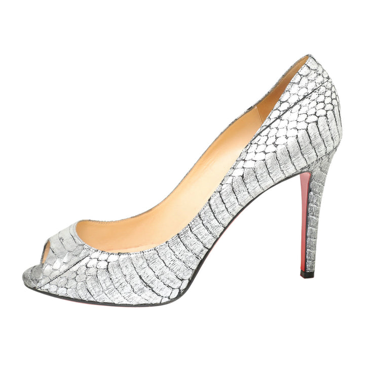 Christian Louboutin Metallic Silver Python Very Prive Peep Toe Pumps 38.5